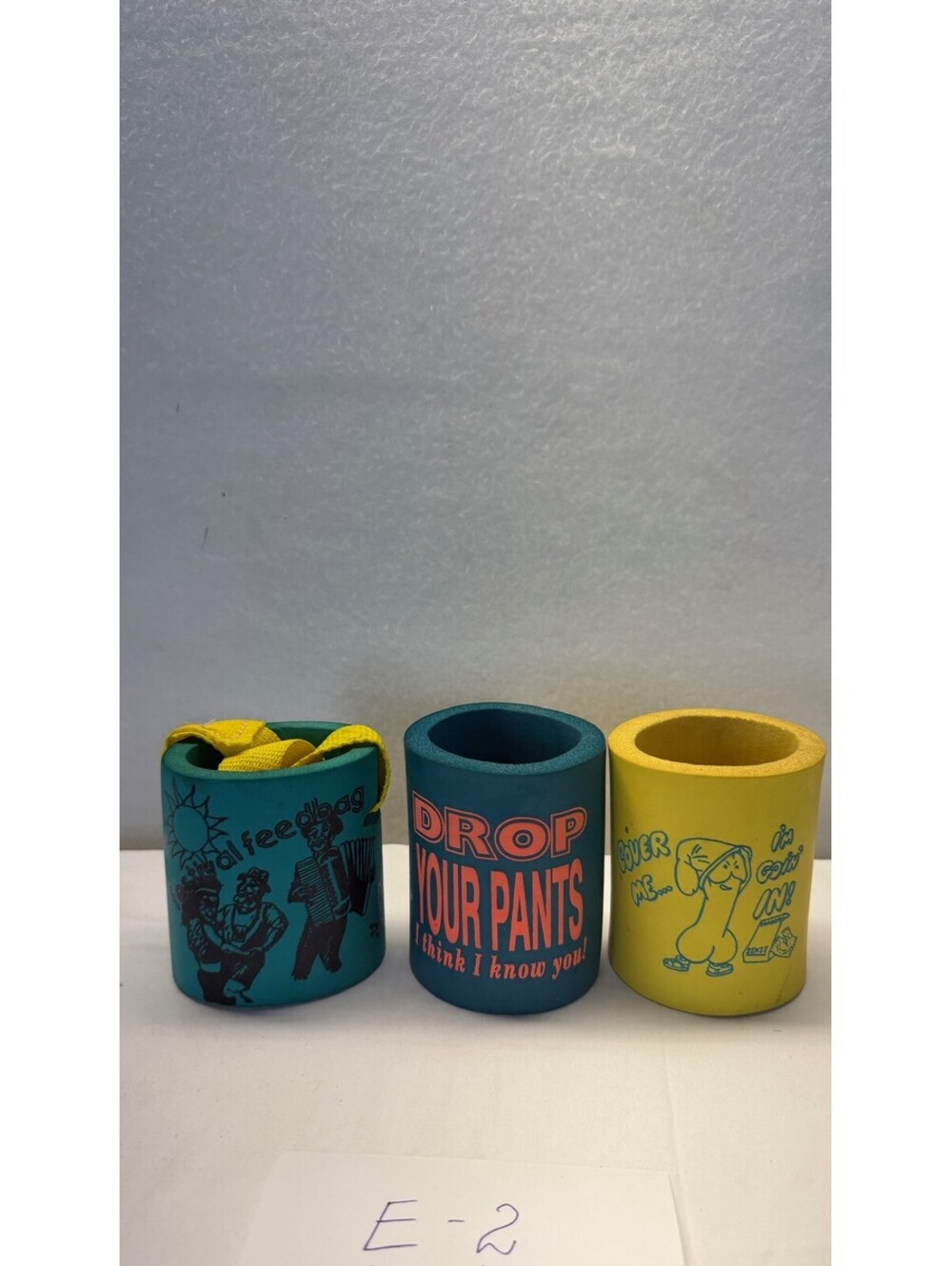 Lot of 3 Novelty Foam Can Coolers Humorous Graphics E-2